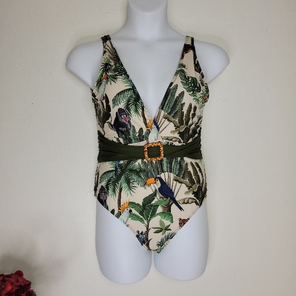 IDOPIP Tropical Print Green and Beige SWIMSUIT with sarong. - Picture 2 of 16